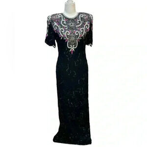 Laurence Kazar Vintage 80s Beaded Dress Gown Size S Black multi-color